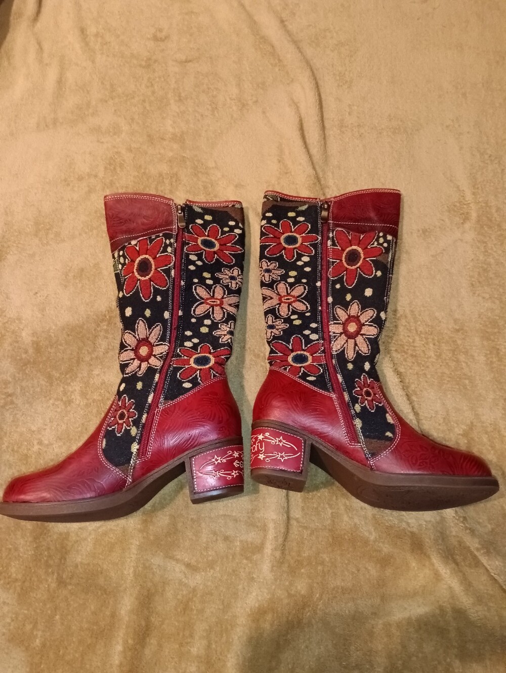 New Socofy Red Floral Embroidered Mid-Calf Women's Boots Sz 39 - Picture 2 of 5